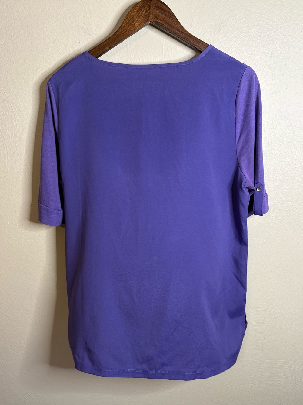 Chico’s Size 1 Purple Mixed Media Hi Low Top Button Sleeve Casual Tunic Classic - Picture 6 of 12